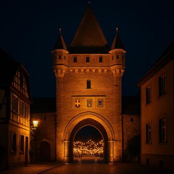 Illuminiertes Portal am Stadttor