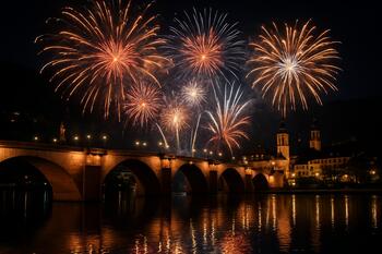 Feuerwerk über einer Brücke am Fluss