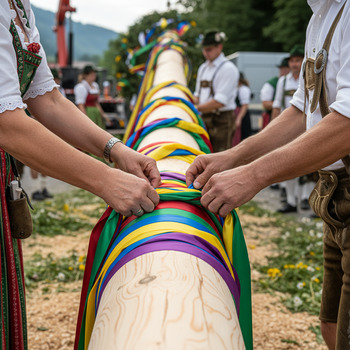 Maibaum wird mit Bändern geschmückt