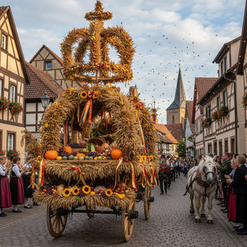 Erntewagen mit Krone im Umzug