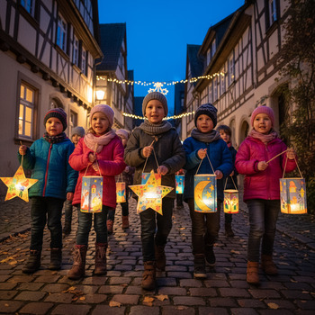 Kinder im Laternenzug in der Dämmerung