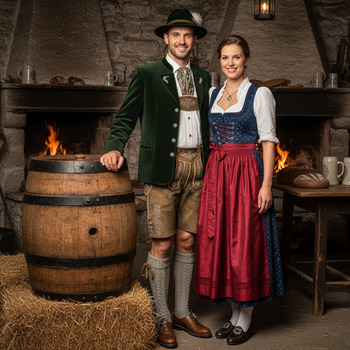 Trachtenpaar vor Holzfass