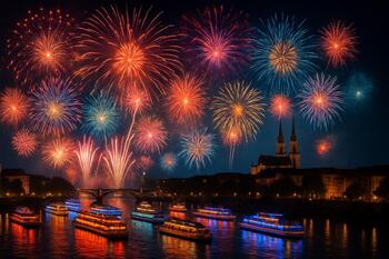 Feuerwerk über dem Rhein, Panoramablick