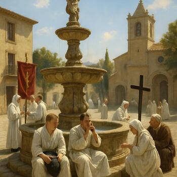 Prozession hält am Brunnen für eine Pause