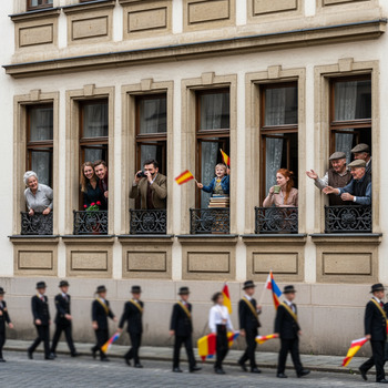 Menschen schauen aus Fenstern auf den Zug