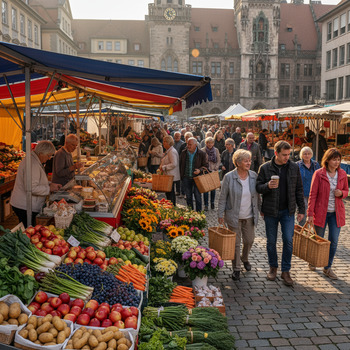 Markttag mit Ständen und Publikum