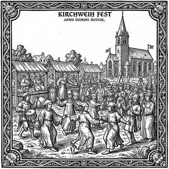 Holzschnitt: Dorffest zur Kirchweih