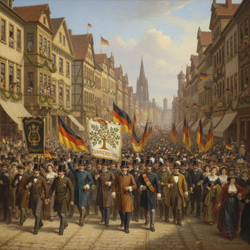 Umzug im 19. Jahrhundert mit Fahnen